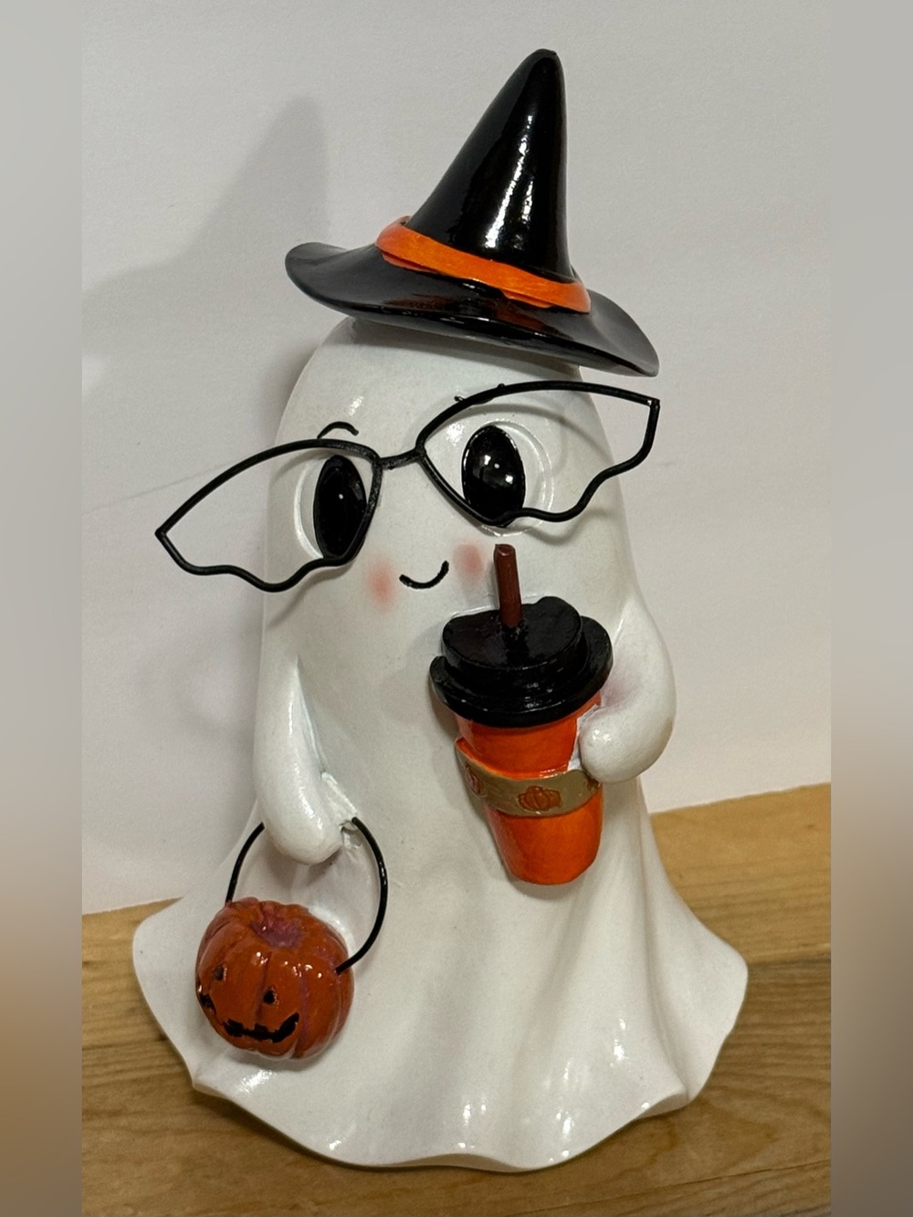 Halloween Ghost Figurine with Hat & Pumpkin Cup - White & Orange - NWOT